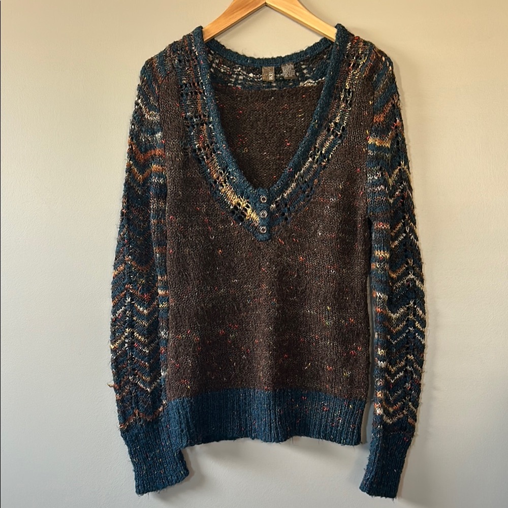 BKE Multicolor Loose Knit Deep V-Neck Henley Sweater Sz L